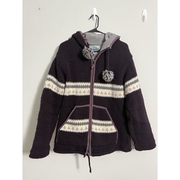 Laundromat Sweaters - Laundromat Fleece Aztec Chunky Knit Wool Zip Hooded Cardigan Jacket L Nepal